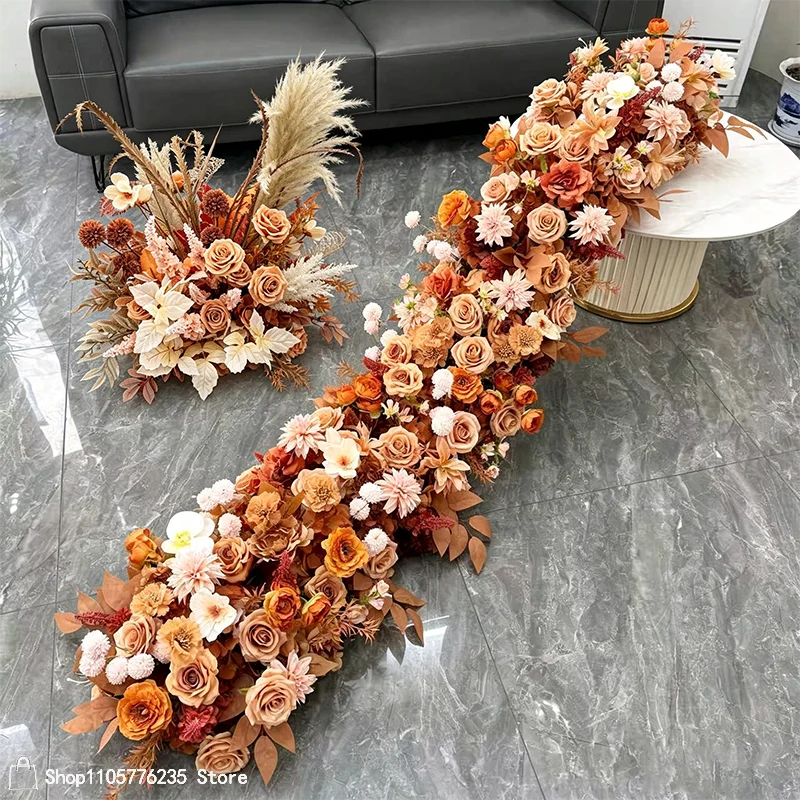 Karamell-Orange Tischläufer Blumenarrangement-Set Hochzeit Boden-Blumenreihe Gangdekoration Künstliche Blumen Event-Hintergrund Deko-Requisite – Detail 1