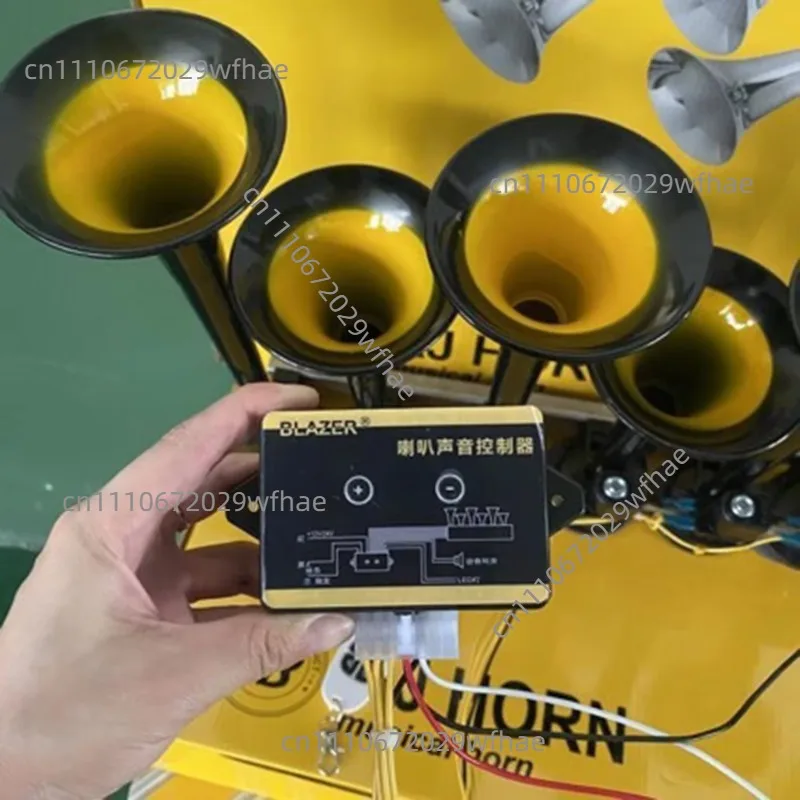 6 Trumpet 36 Tones Loud Electronic Air Horn Kit, 12/24V Universal Metal Music Horn for Truck Car Bus with Control Button