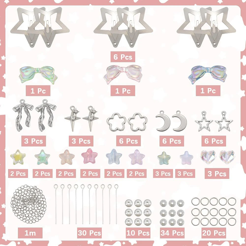 1 Box DIY 6 Sets Star Tassel Hair Clips Making Kit Hairclip Pack Stars Moon Bowknot Cute Hairpins Hairclips With Beaded Tassels