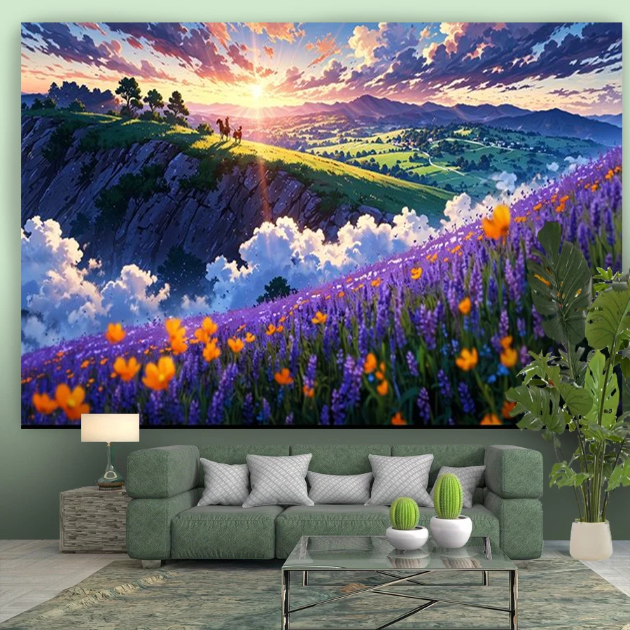 1PC Anime Lavender Field Sunset Print Backdrop Banner, Bedroom Living Room Photo Background, Polyester, Home Decor, Wall Art