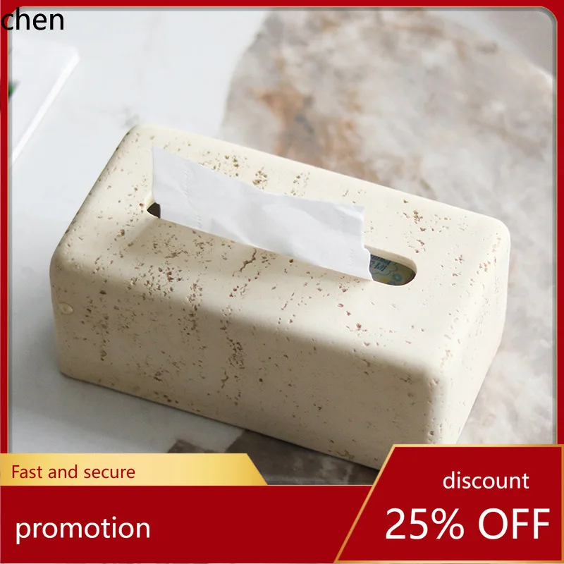 

H1 Wabi-sabi style faux yellow travertine tissue box, living room decoration, creative home tissue box ornament