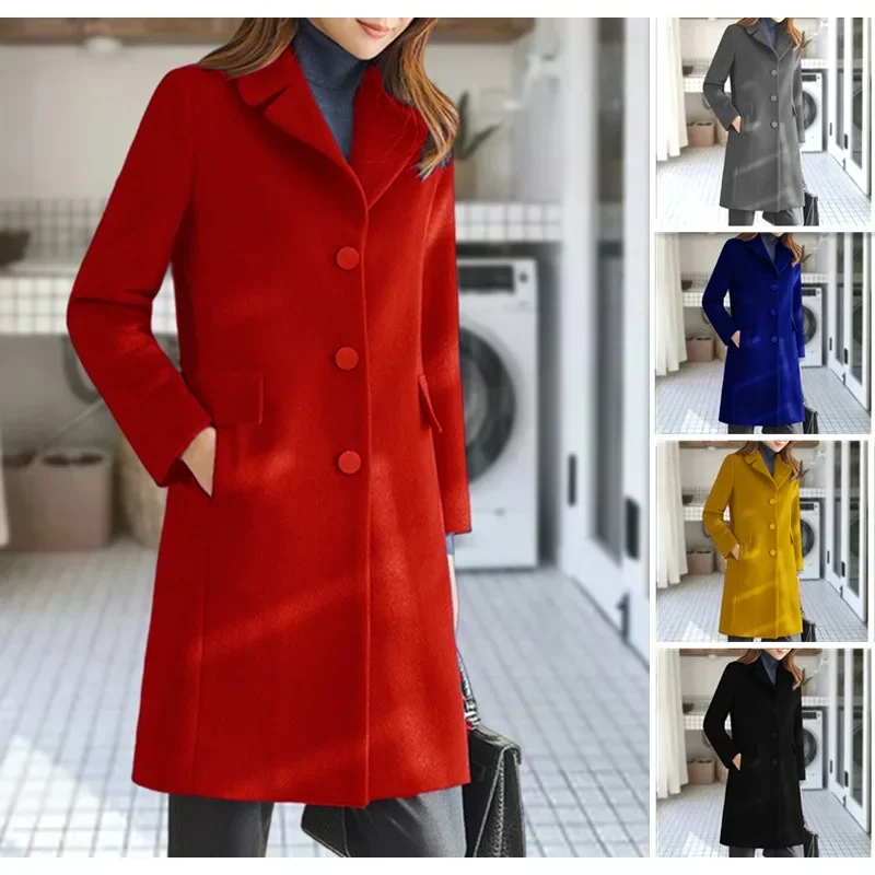 Women Long Sleeve Turn-down Collar Woolen Coat Women Solid Pocket Single-Breasted Straight Long Coat Autumn Winter Woolen Coat
