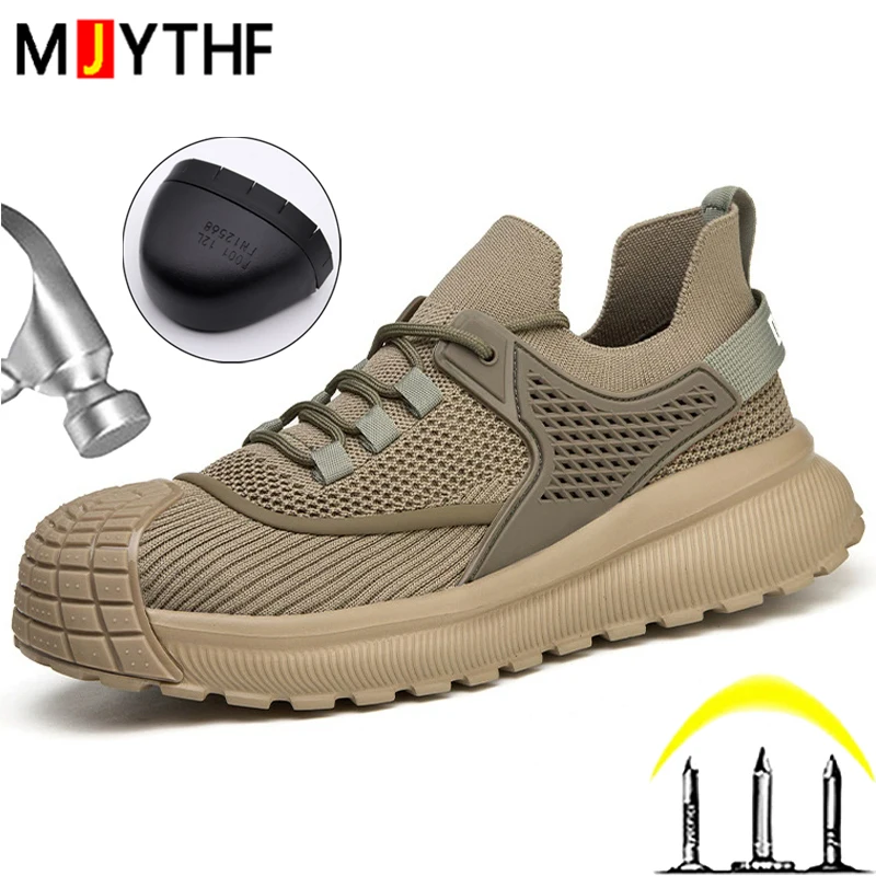 khaki Work Safety Shoes Men Anti-Smash Anti-Puncture Protection Shoes Steel Toe CapWork Sneakers Men Indestructible Shoes New