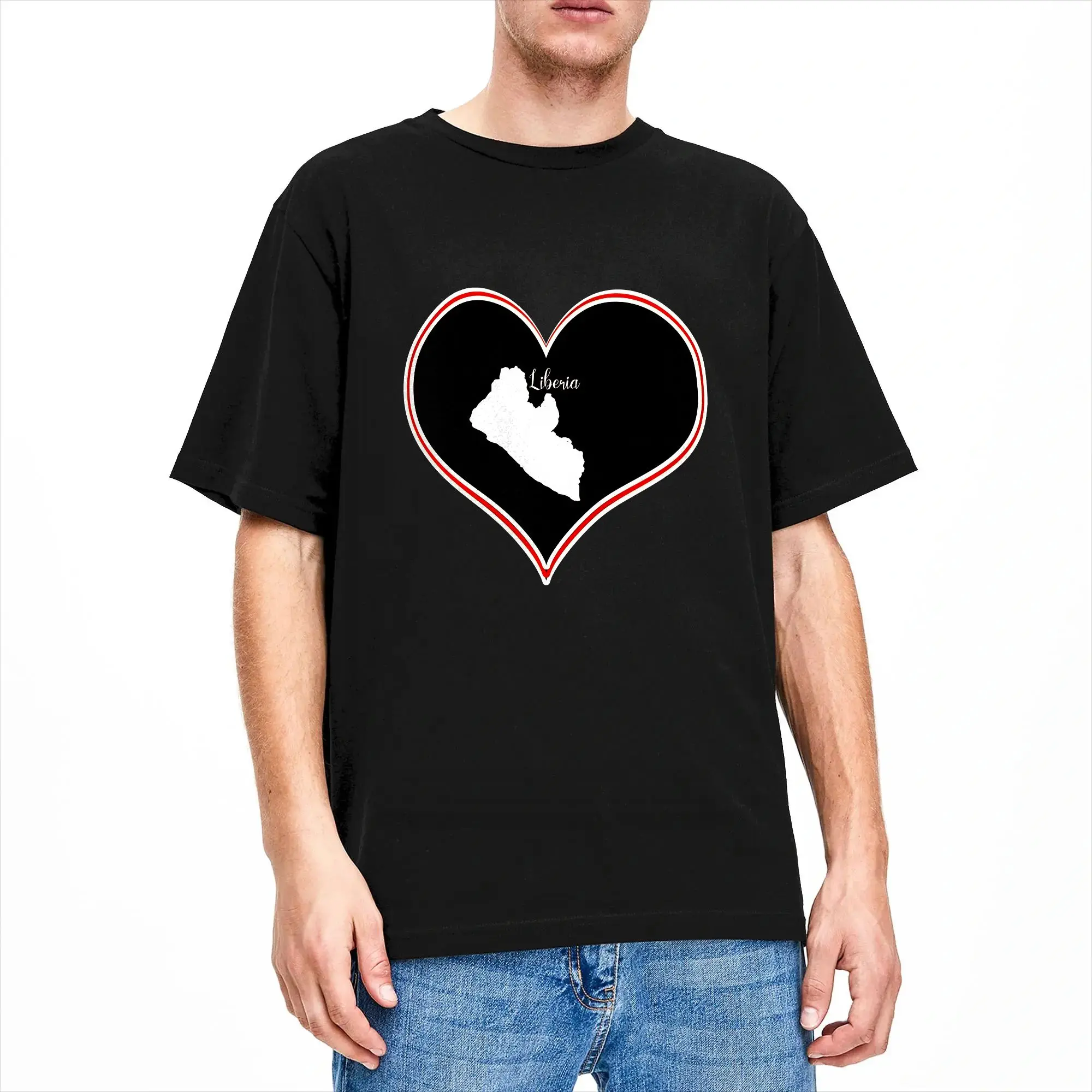 Black Heart Map Liberia T Shirt Men 100% Cotton Casual T-Shirt O Neck  Tees Short Sleeve Clothing Plus Size