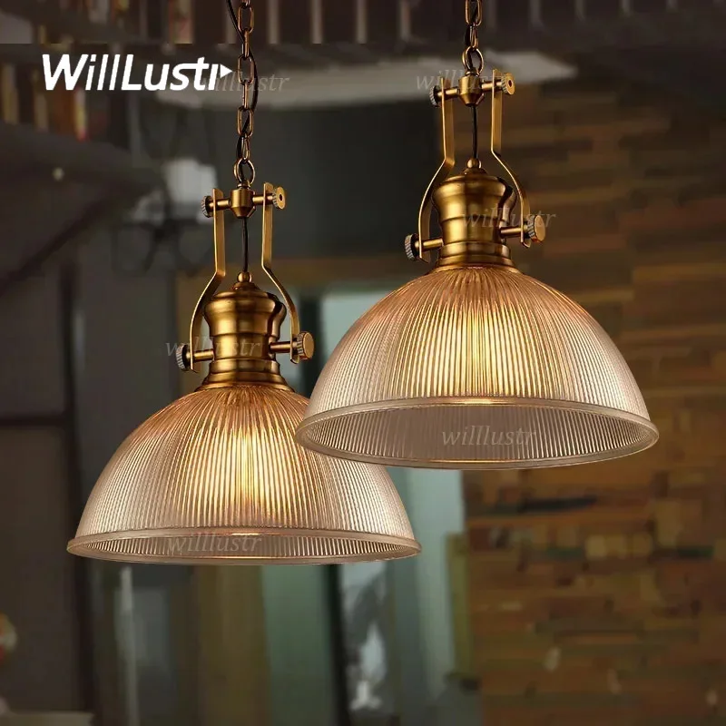 Retro Ribbed Glass Pendant Light Vintage Suspension Lamp Hotel Cafe Lounge Office Bar Dinning Room Hanging Ceiling Chandelier