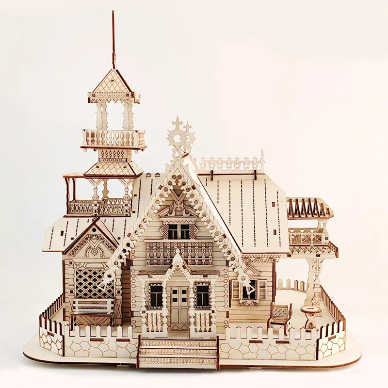 3D Wooden Puzzle Villa Castle Model Educational DIY Assembly Kit Famous Cathedral Buildings Houses Jigsaw Toys For Children Kids