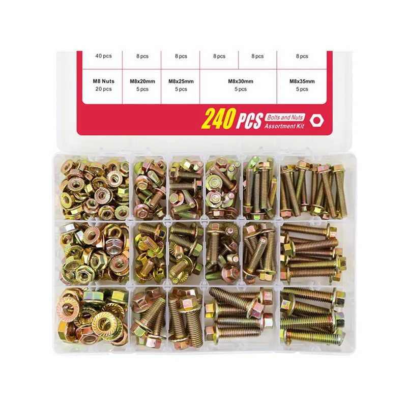 M5/M6/M8 Flange Fastener Set 240PCS Carbon Steel Color Zinc Plated Bolts and Nuts