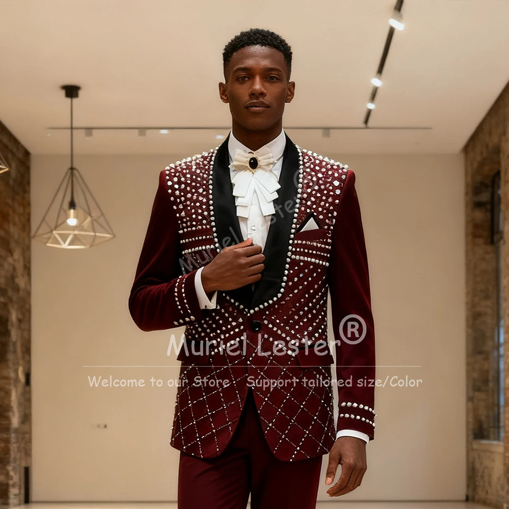 

Костюмы винно-красного цвета с камнями из бисера, мужские свадебные комплекты из 2 предметов, однобортный пиджак, брюки, индивидуальные смокинги для банкета жениха с жемчугом