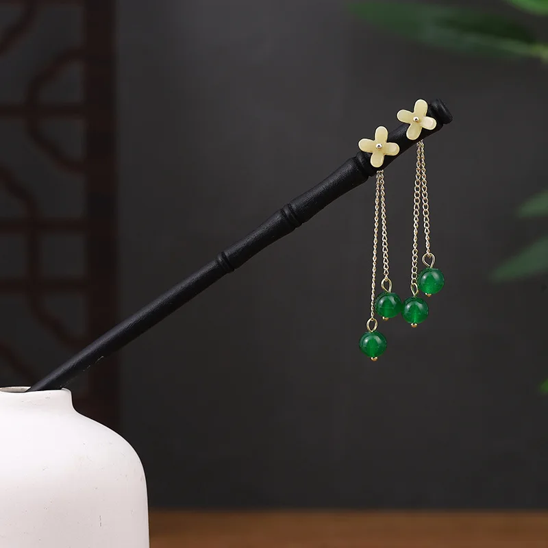 Chinese Bamboo Hair Stick Wooden Hairpin Chopstick Cheongsam Dress Hair Bun Jewelry Simple Tassel Tiaras Vintage Hanfu Headdress