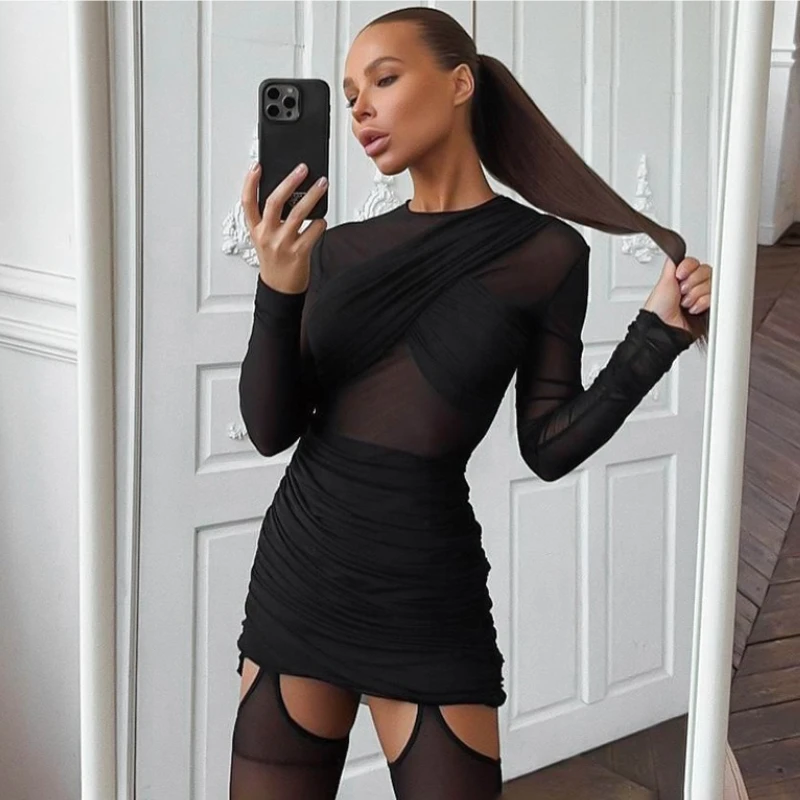 

TARUXY Sexy Mesh Patchwork Slim Dress Women New Solid Pleated Sheer Elegant Mini Dress Female Fitted Crew Neck Party Club Dress