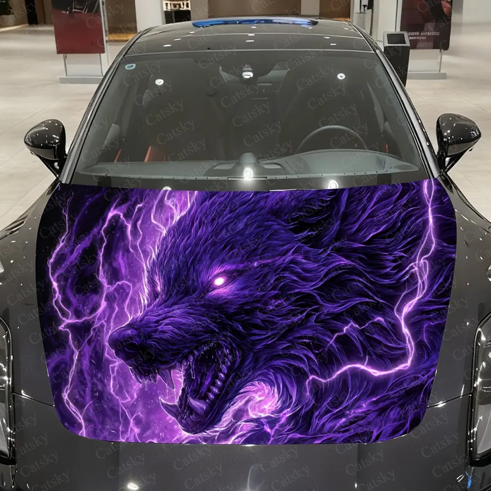 

Deep Purple Lightning Flame Demon Wolf Car Vinyl Wrap, PVC Waterproof Car Hood Sticker, Self-Adhesive Scratch-Resistant Stickers