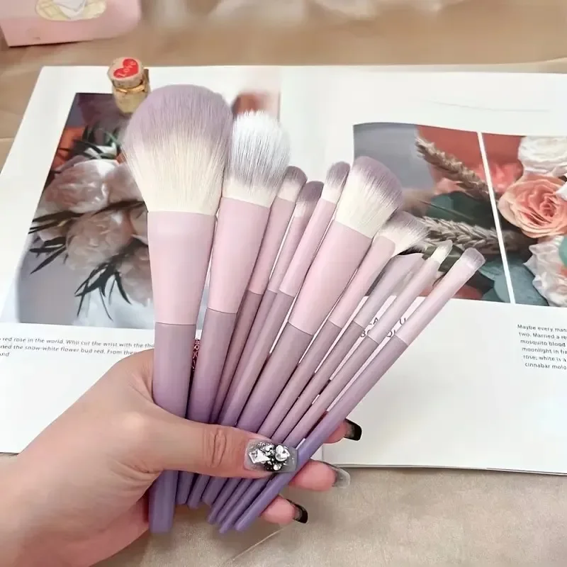 10 Uds. Brocha de maquillaje con mango de plástico degradado rosa y morado, brocha para polvos, brocha para maquillaje y base, brocha correctora