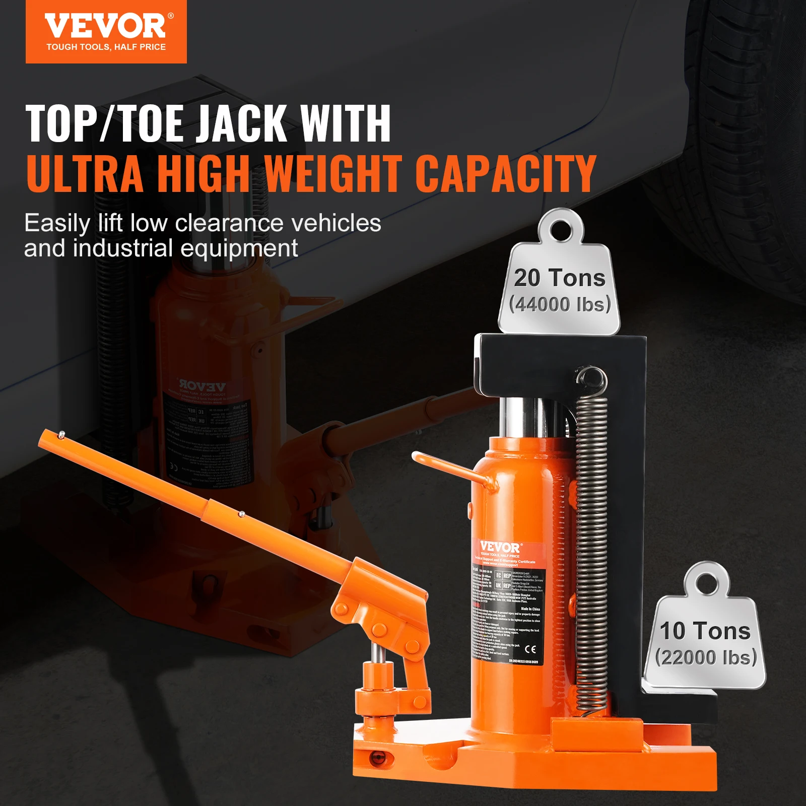 VEVOR 10 Ton On Toe Toe Jack Lift 20 Ton On Top Lift Capacity Machine Jack  Air Hydraulic Claw Jack for Machinery Industry