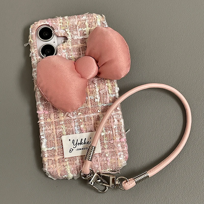 Fashion Pink Plush Weave Texture Bowknot Case For iPhone 16 Pro Max 15 13 14 12 Soft Fabric Phone Back Cover