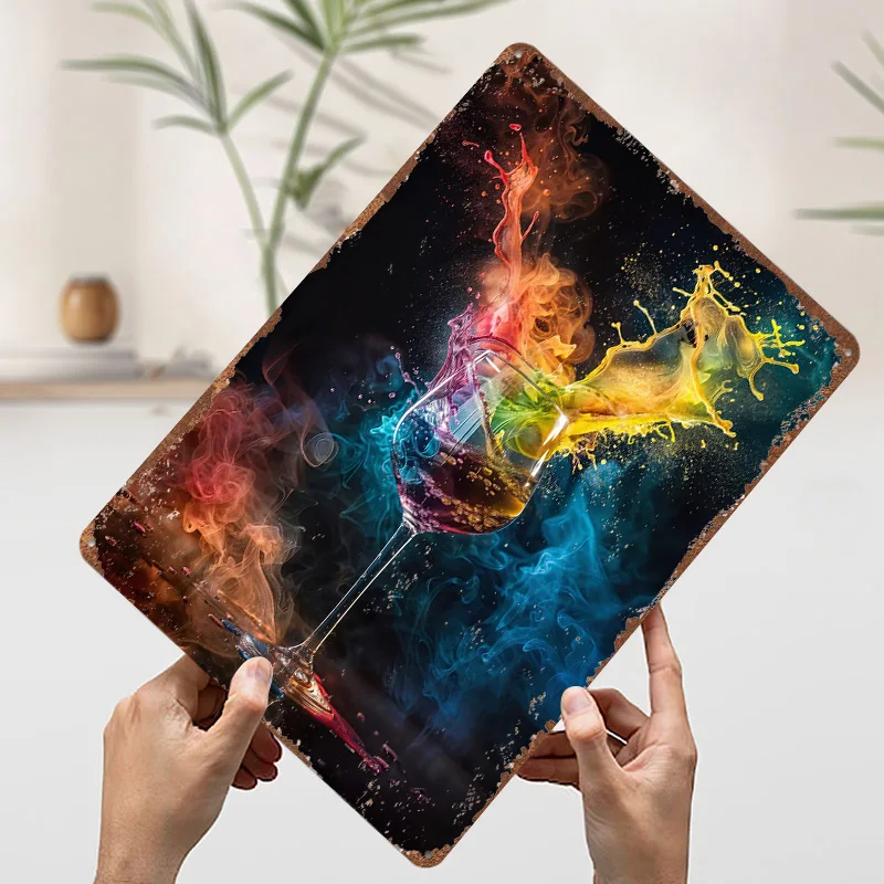 كأس للنبيذ ألوان مجردة معدنية ملصق تين علامات جدار الفن ديكور المنزل علامة معدنية مخصصة للديكور المنزل ديكورات المرآب