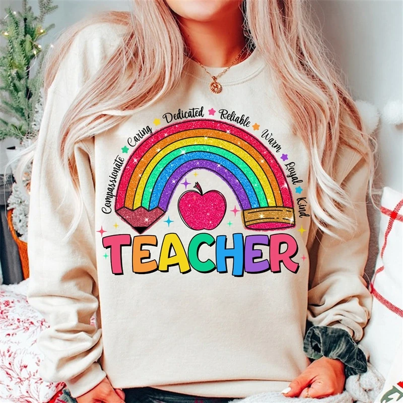 Teacher Rainbow Pencil Hoodless Sweatshirts Fashion Women\'s Clothing Casual Long-sleeved Winter Autumn Pullovers Round Neck Tops