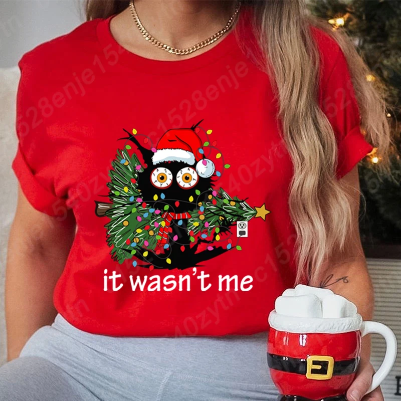 Christmas Tree Cat It Wasn't Me Print T-shirts For Women Summer Lovely Short Sleeve Casual T-Shirts Funny Ladies Round Neck Tops