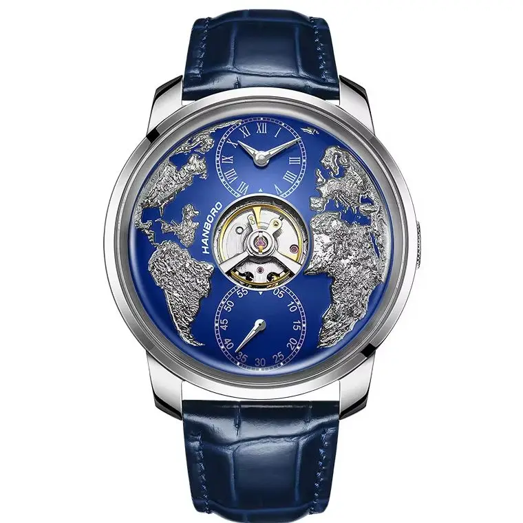 HANBORO Men Automatic Watch 44mm Mechanical Wristwatch Waterproof Sapphire Mirror Luminous Skeleton Flywheel World Earth Dial