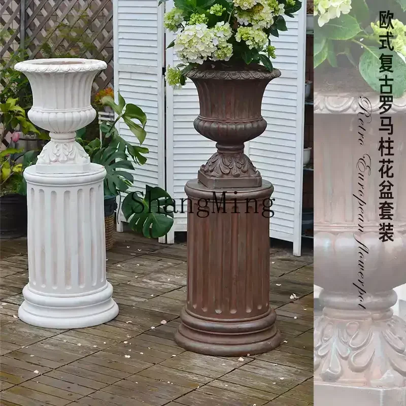 

ZYYhigh-footed base retro villa door floor-to-ceiling ornaments set wedding gift road guide large flower pot