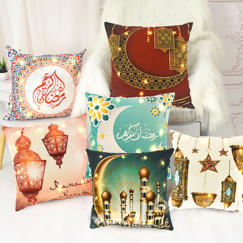 45x45cm Eid Mubarak Cushion Cover With Led Light Ramadan Decoration Luminous Pillowcase For Home Islamic Muslim Party Decor Gift