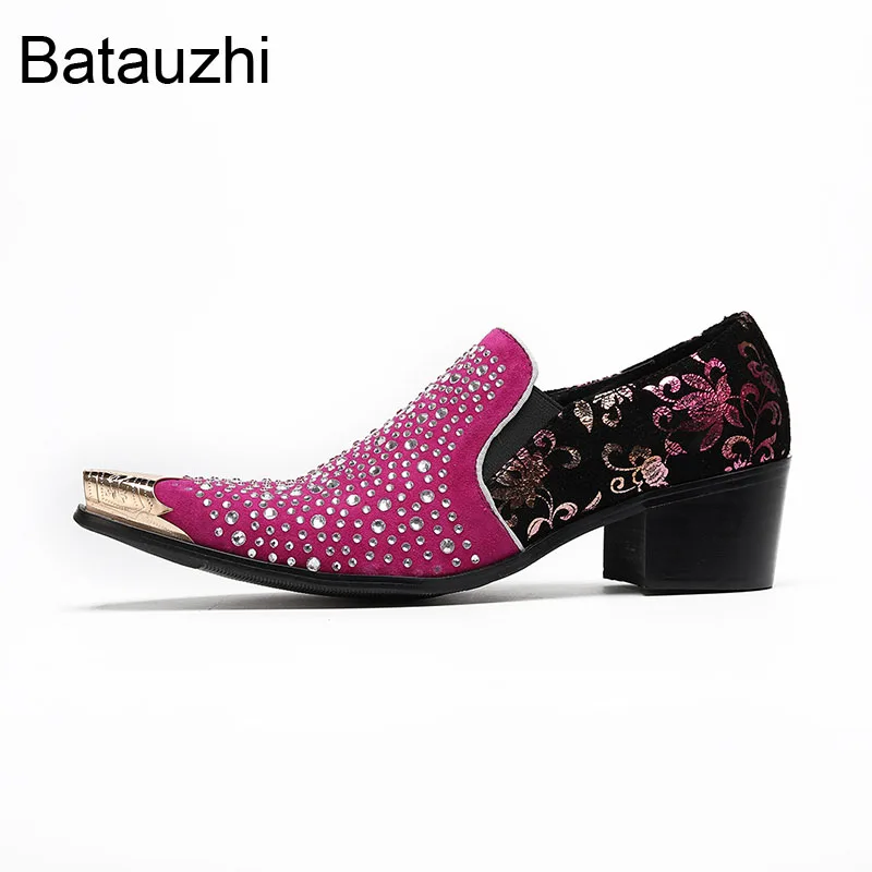 Batzuzhi Modne Męskie Buty Wsuwane z Cyrkoniami Skórzane Eleganckie Buty Męskie Fioletowe Skórzane Buty na Imprezę i Ślub dla Mężczyzn! US6-12US6-12