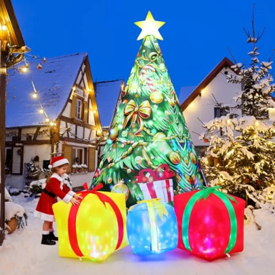 

Christmas Inflatables Tree Outdoor Decorations Blow Up Christmas Tree Gift Box Yard with Colorful Light for Holiday Party Indoo
