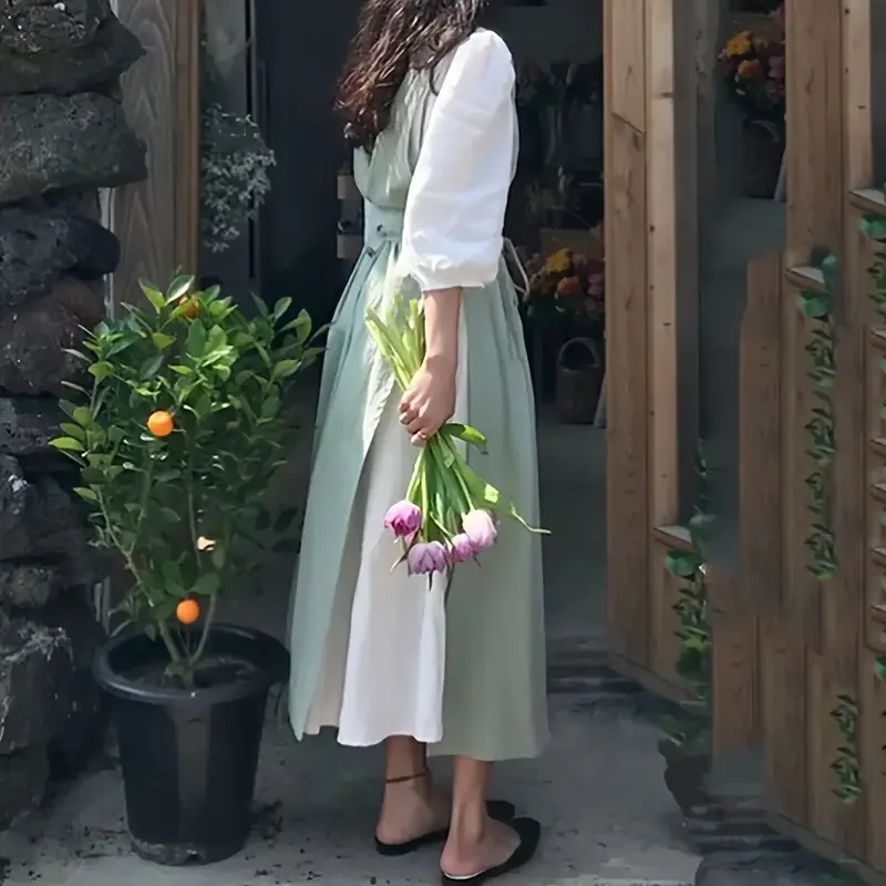 Women's Vintage Apron No-Tie Design Breathable Fabric for Cooking Baking Kitchen Retro Style Solid Color