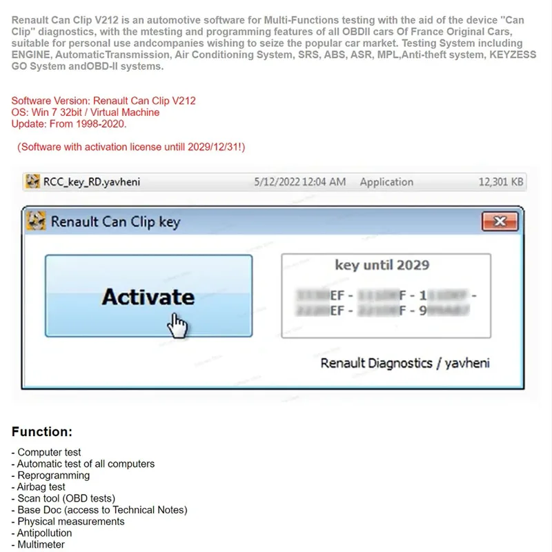 2024 Lastest For Renault Can Clip V212  Cars Software With Keygen untill 2029 Reprogramming Airbag test measurements Multimeter