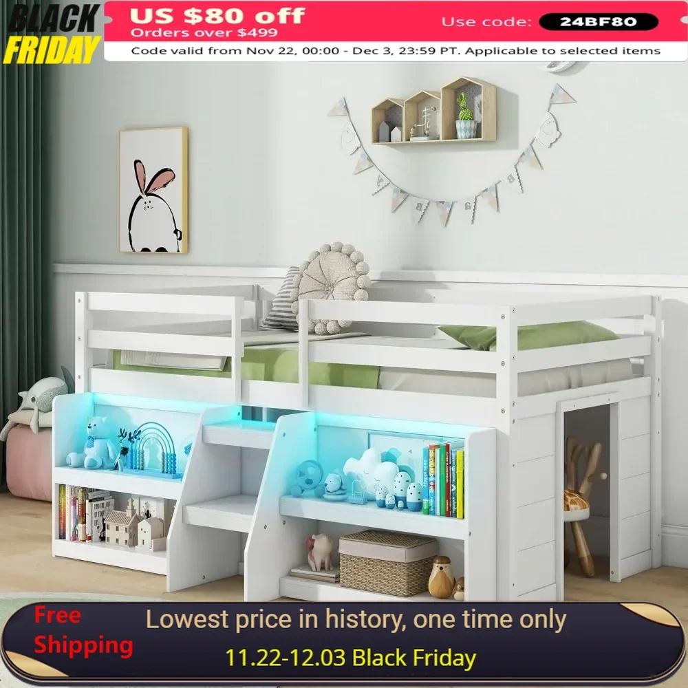 Loft Bed with LED Lights, Stairs & Safety Guardrail, Storage Bookcase and Under-Bed Play Space, Twin Loft Bed