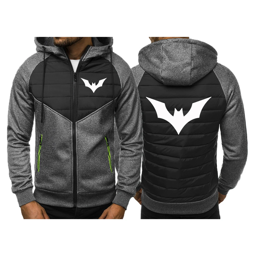 Bat pattern men's three-color coat is suitable for spring and autumn, featuring a dark color scheme with a hat hoodies jacket