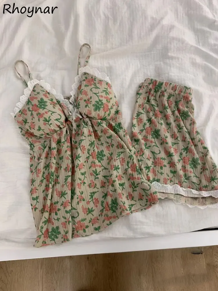 Vintage Pajama Sets Women Green Printed Sexy Summer Chic Lace Designed Home Lounge Young Delicate Sleepwear Ins Style Hotsweet