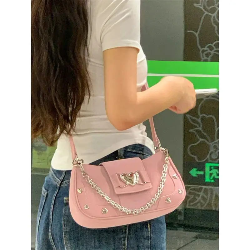 2023 New Fashion Shoulder Bags for Women Y2K Spice Girls Underarm Bag Pink Heart Chain Crossbody Bag Luxury Designer Handbag