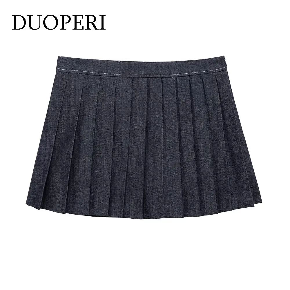

DUOPERI Women Fashion Preppy Denim Pleated Black Mini Skirt Female Chic Office Lady Basic Korean Mujer Short Skirt