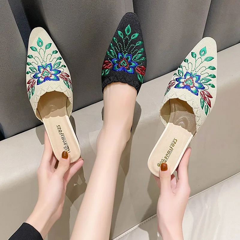 Slippers Shoes for Women Mules Luxury Designer Embroidery Ethnic Style Low Heel Home Sandals Female New in Fashion