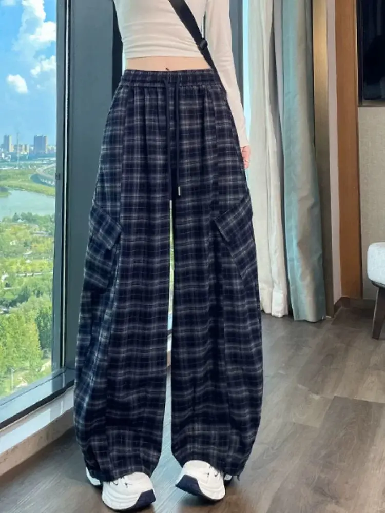 

Повседневные брюки больших размеров с широкими штанинами, в клетку, свободного кроя, с высокой талией, на резинке, для полных женщин