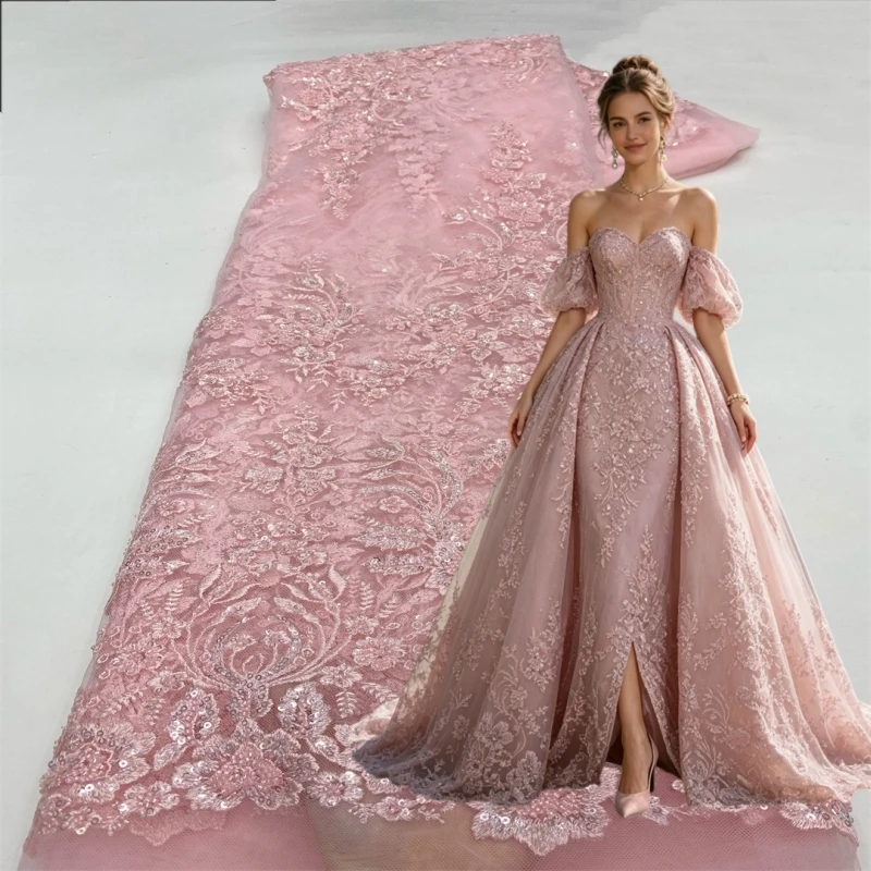 Pink African Hand Embroidery Sequins Lace Fabric, French Tulle Nigerian Groom Beaded Lace for Wedding Evening Party Gown Sewing