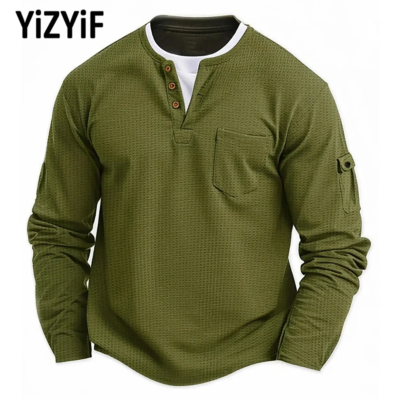 

Men Sports Tops Waffle Texture T-shirt Sportswear Fashion Contrasting Patchwork Collar Long Sleeve Pullover Tops with Pockets