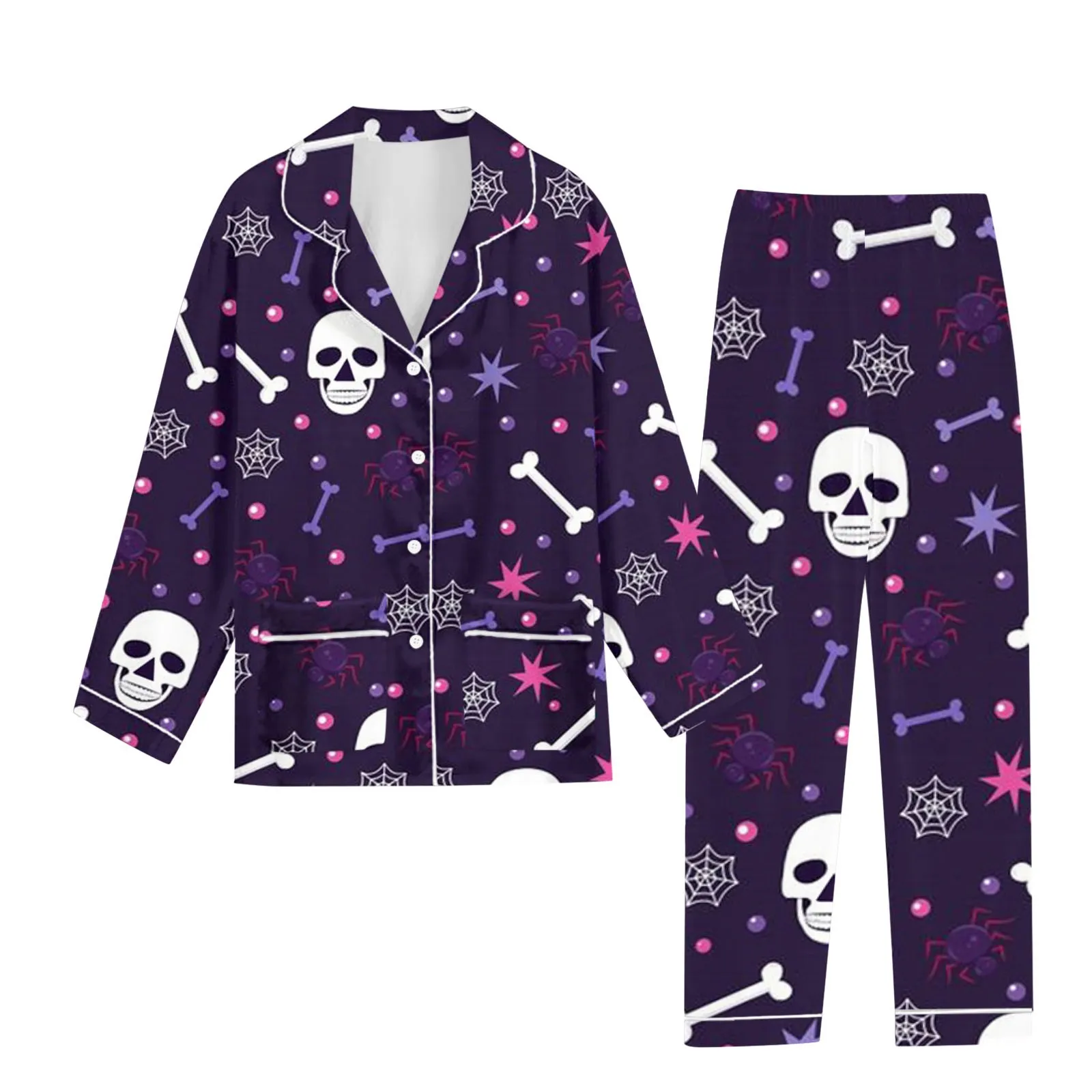 Womens Halloween Pajamas Long Pants Sleepwear Sets Soft Comfortable Breathable Night Wear Ice Silk Smooth Skeleton Print Pyjamas