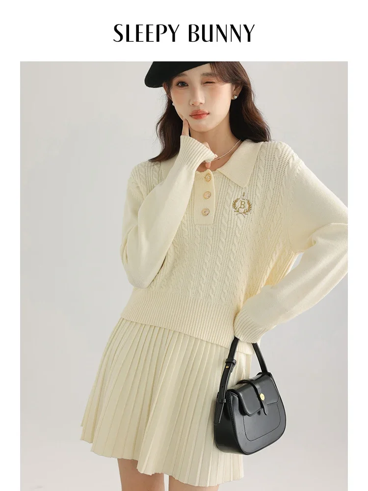 

Women Preppy Style Drop Shoulder Polo Top and Pleated A-Line Skirt Set Spring 2025 Elastic Waist Casual Hip Covering Outfit