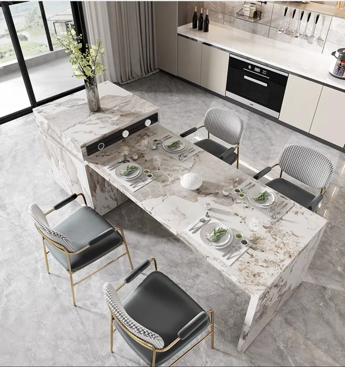 

Stone Plate Kitchen Island Dining Table Integrated Retractable Medium Kitchen Island Light Luxury Multi-Functional Bar Counter