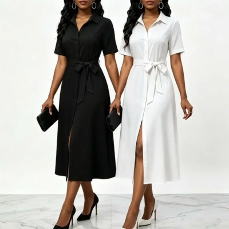 Women White Dress Elegant V-neck Mid-sleeve Bow Trim At Chest A-line Solid Slit Hem Chic Banquet Resort Cocktail Party