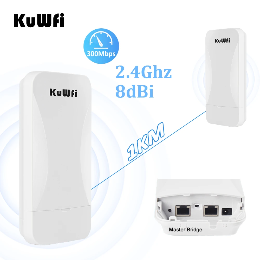 KuWFi 2.4Ghz 300Mbps 2pcs Powerful Wifi Repeater Outdoor CPE Long Range Extend with WAN LAN Port Point to Point 1KM for Camera