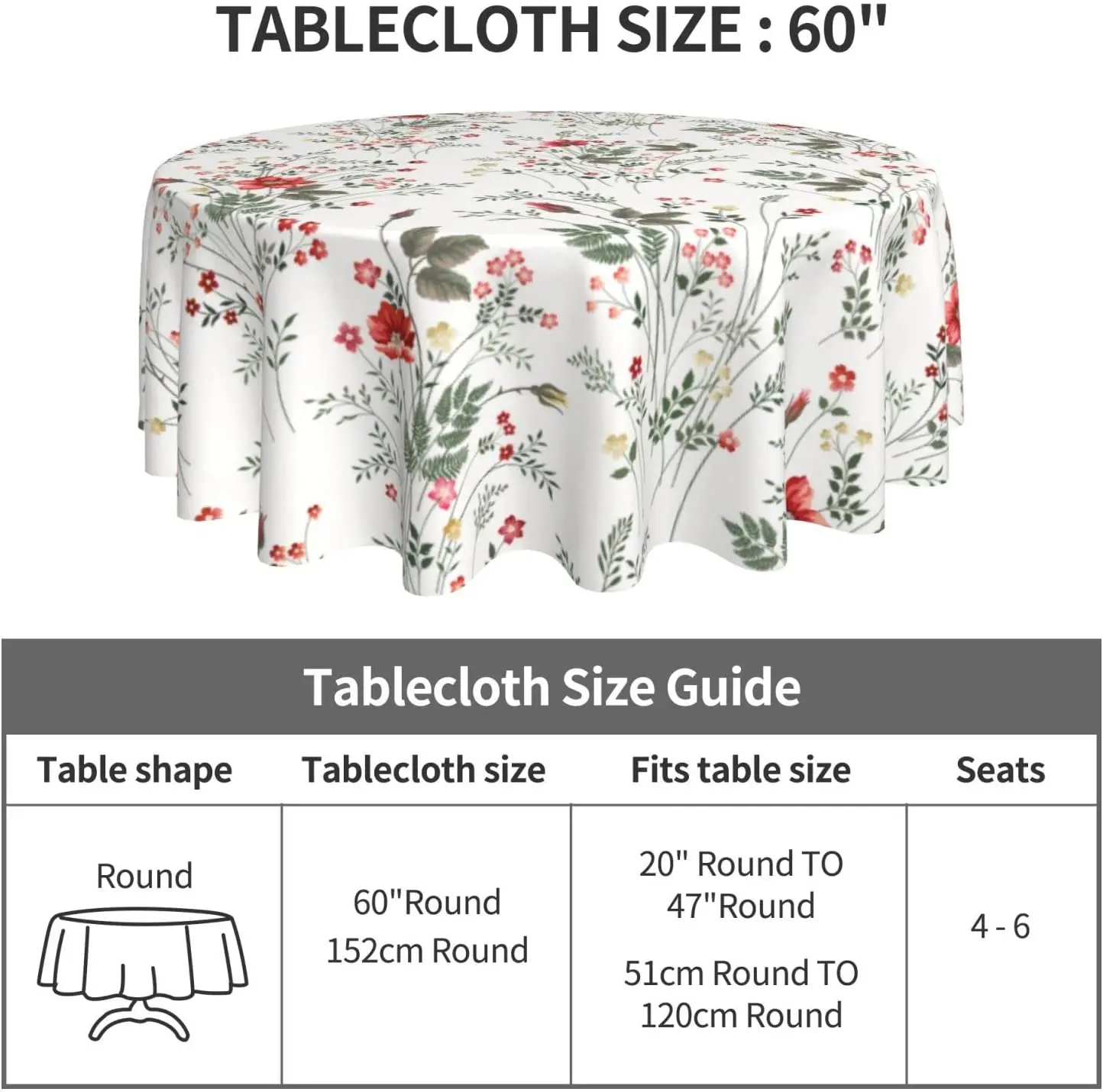 Wild Flower Floral Tablecloth Round Table Cloth Waterproof Polyester Washable Table Cover for Indoor Outdoor Picnic Patio Decor
