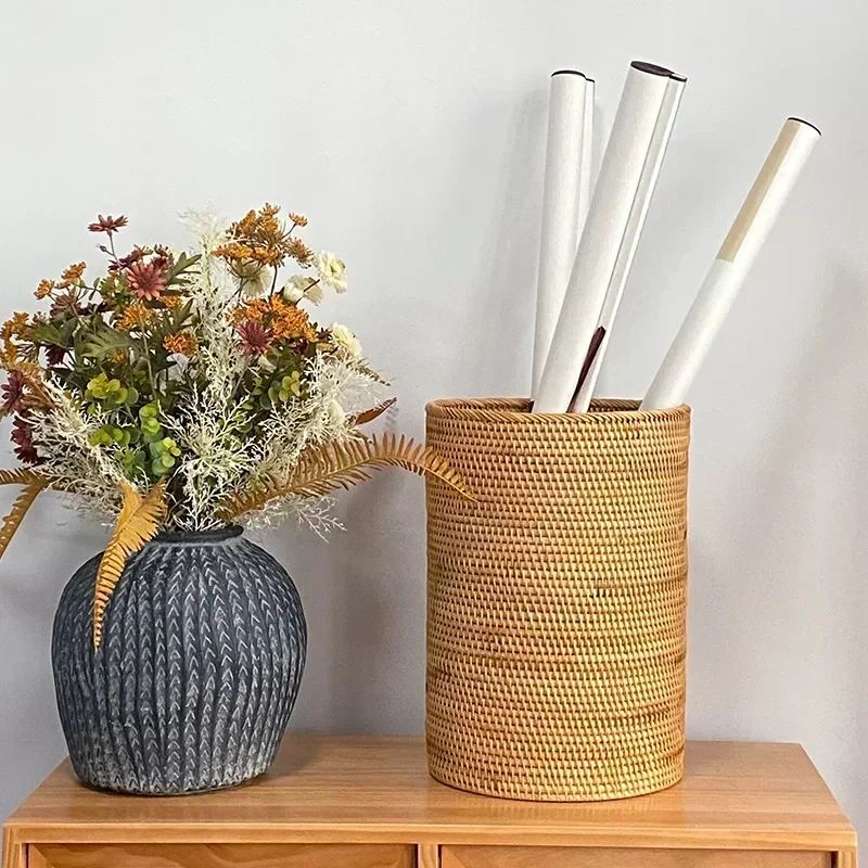 Handmade Rattan Woven Storage Basket Living Room Painting and Calligraphy Organizer Basket Bedroom Dirty Clothes Basket