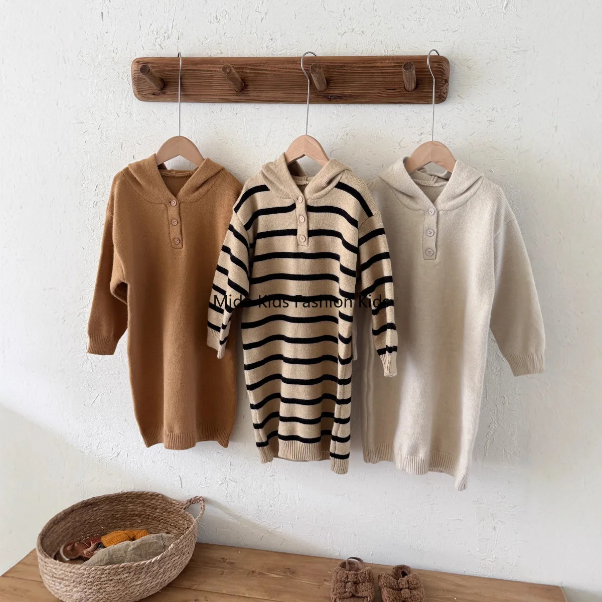 Children's Autumn/Winter Korean-Style Striped Knitted Dress Girls' Loose-Fit Hooded Knit Top with Long Skirt 90-150CM
