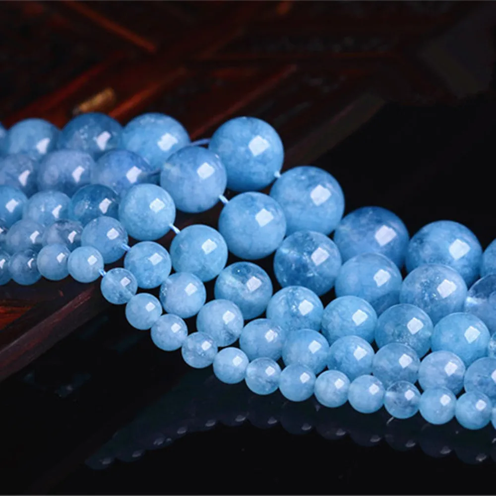 Enhanced Natural Aquamarine Beads 6mm 8mm 10mm 12mm 14mm 16mm Smooth Polished Round 15 Inch Strand