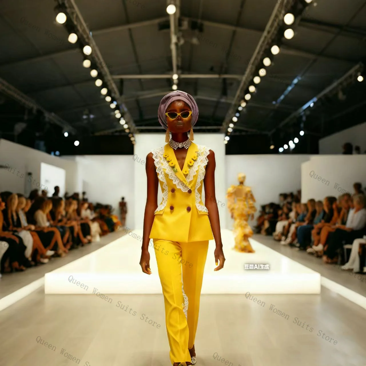 

Yellow White Lace Women Suit Pants Set 2 Pcs Vest+Trousers Prom Cotton Formal Office Lady Jacket Wedding Coat Customized