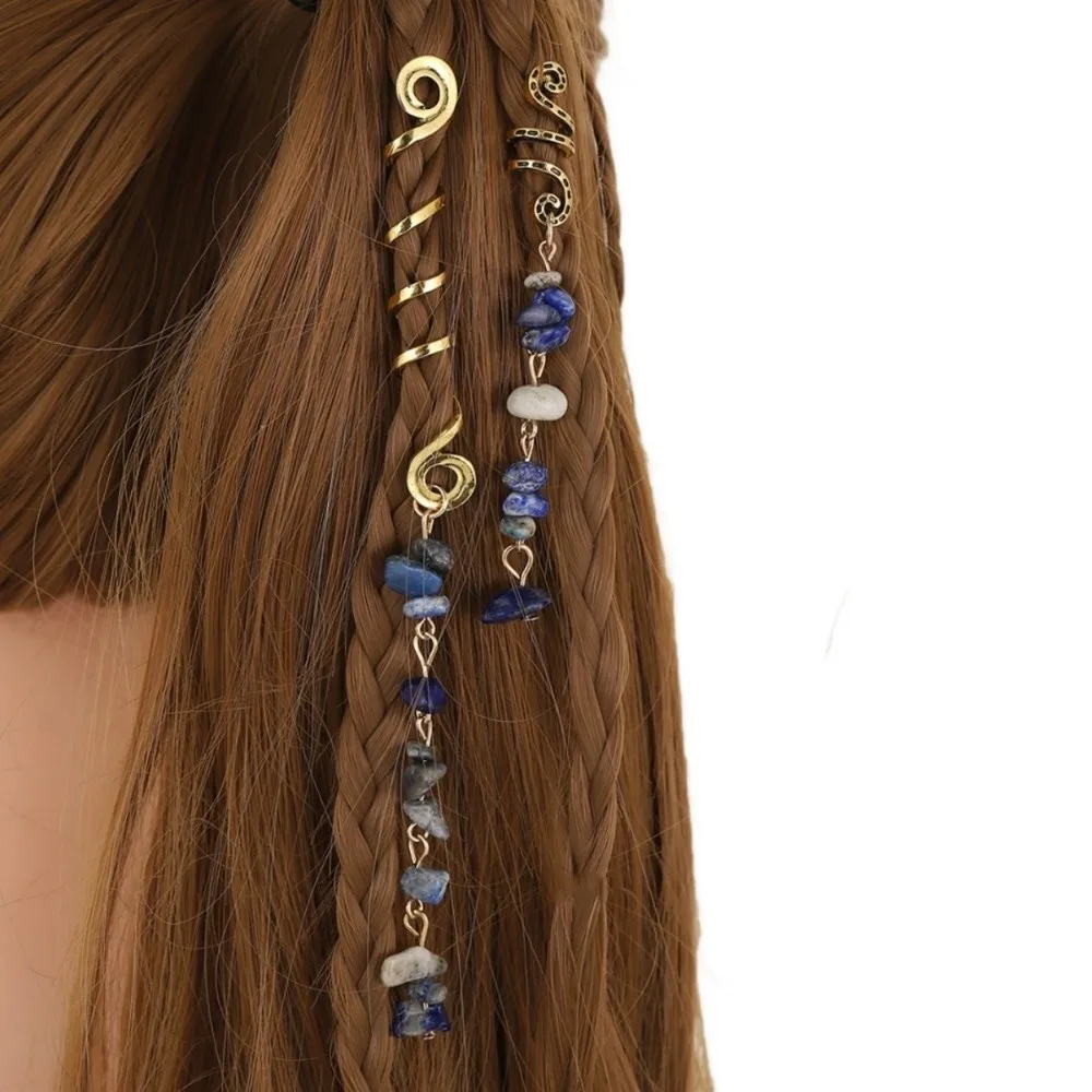 2Pcs/Set Long Tassel Dreadlock Hair Jewelry Vintage Ethnic Style Alloy Pendant Hair Loop Irregular Stone Braiding Hair Tie