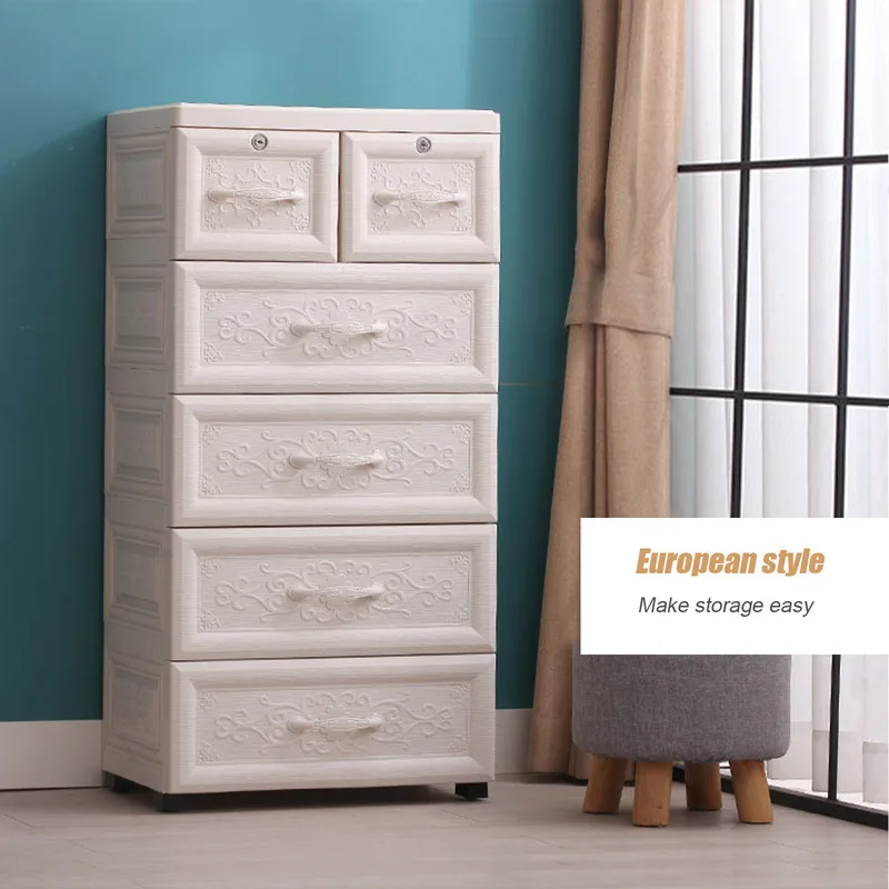 

6-Drawer Bedroom Clothing Storage Cabinet w/ Rollers Floor Free Standing Storage Cabinet Tall Plastic White