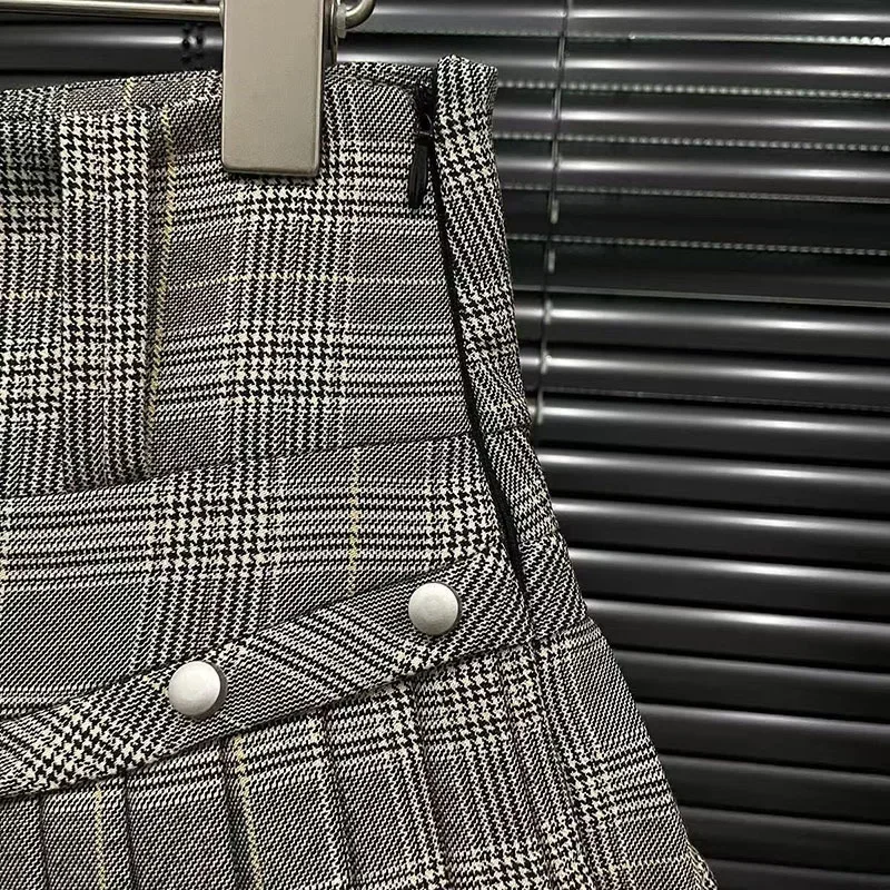 Trendy Retro Patchwork Plaid Short Skirts for Women Fashion Wrap Hip Pleated Skirt Female Spring New Items
